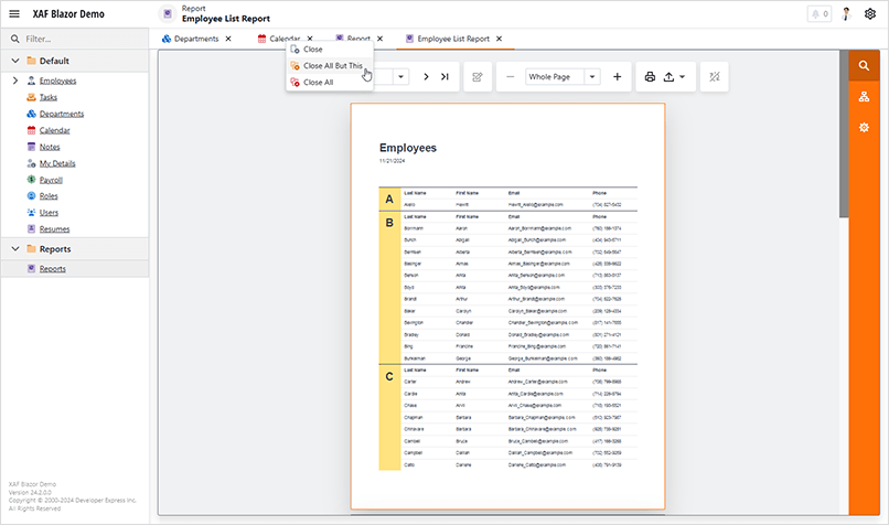 The drop-down context menu in Tabbed MDI - XAF for Blazor, DevExpress