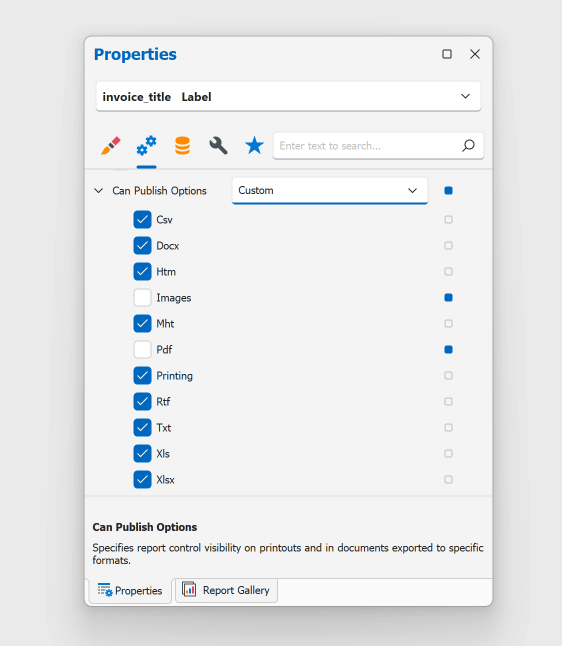 Report - CanPublishOptions in the Properties grid