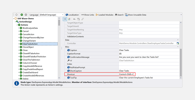 Action shortcuts - XAF for Blazor, DevExpress