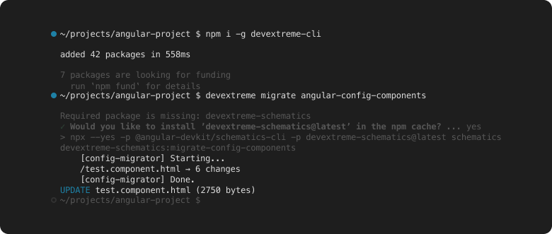 DevExtreme CLI Migrate command output