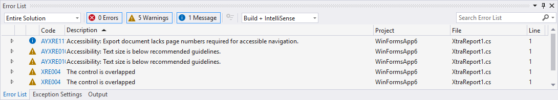 Accessibility Messages in the Error List