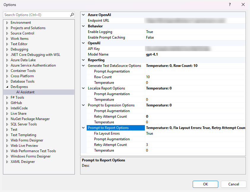 AI Assistant Options - Configure AI Services in Visual Studio, DevExpress