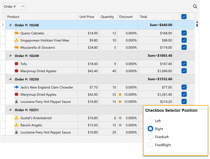 Checkbox Selector Column Positioning - WPF Data Grid, DevExpress