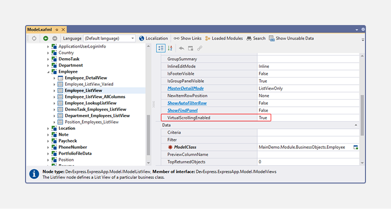 XAF ASP.NET Core Blazor Virtual Scrolling Property in Model Editor, DevExpress